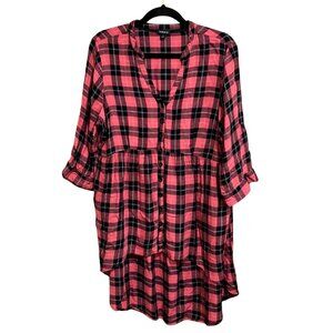 Torrid Asymmetrical Hem  3/4 Sleeve Plaid Red & Black Shirt Dress Plus Size 1X